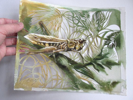 grasshopper watercolor paper cut