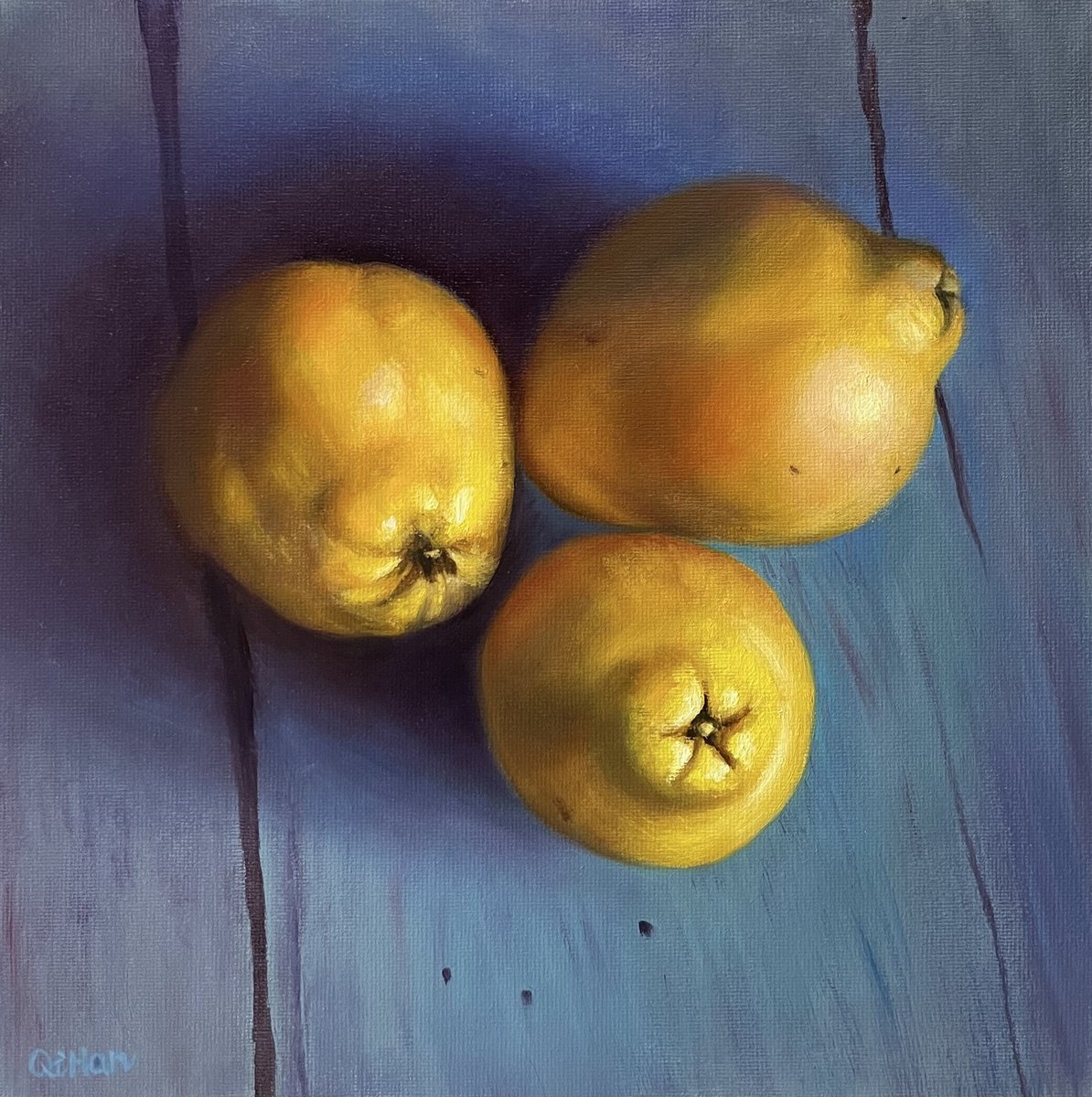 Photorealistic Still Life Oil Painting By Qi Han, 10 X 10", Quince Trio, Original Artwork
