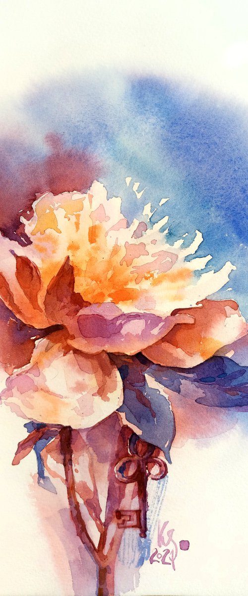 Original watercolor painting "Peony Blossom. Light-hearted flower" by Ksenia Selianko