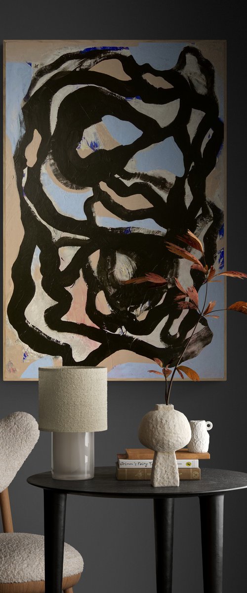„Where do you feel it in your body?“- XL large painting, bold, black lines Painting by Yulia Ani
