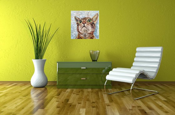 Surprised cat, 40x40 cm, ready to hang.