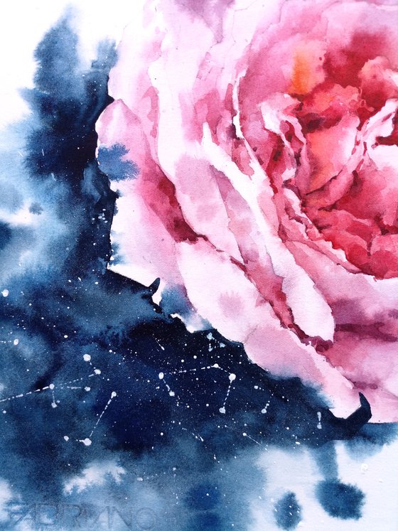 Modern watercolor artwork "Cosmos of a rose flower"