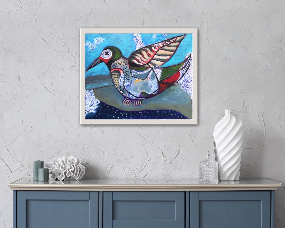 Geometric Animal Oil Painting By Roberto Munguia Garcia, 20 X 16", Friendly Hummingbird, Original Artwork