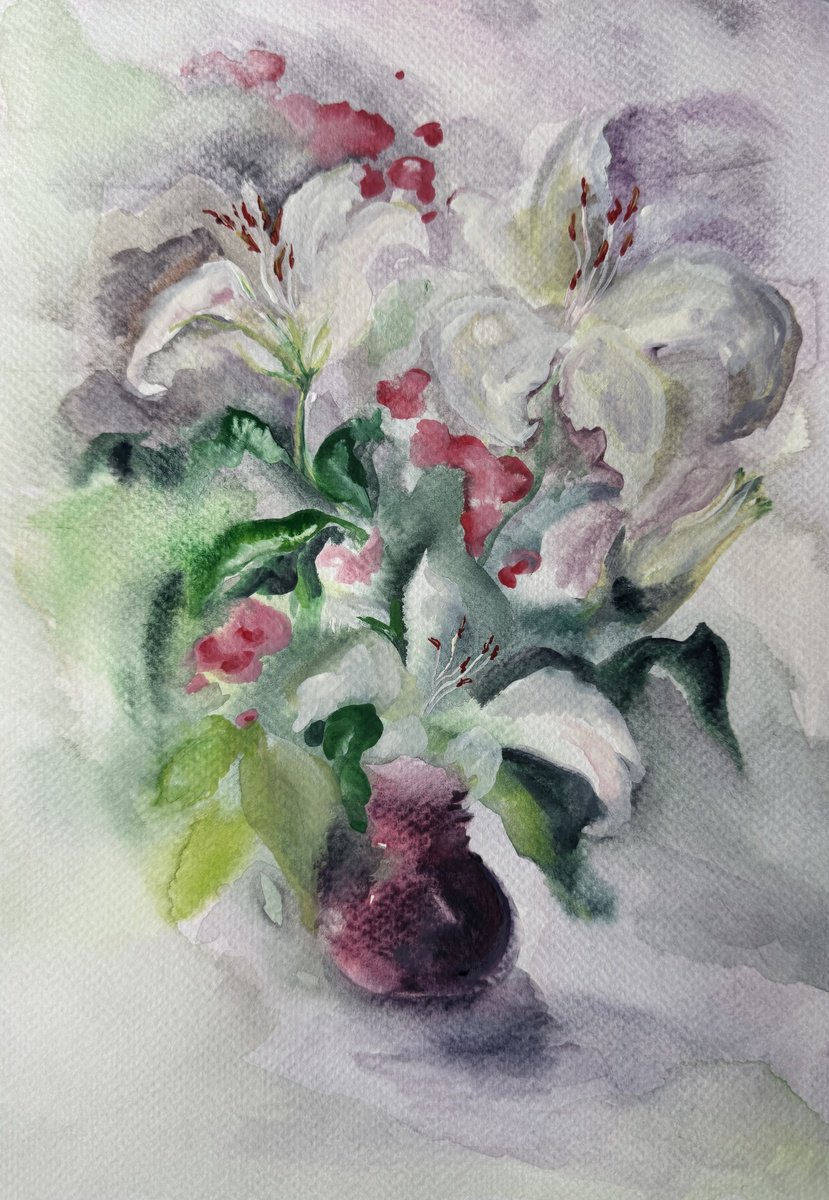 Abstract Botanical Watercolour By Yuliia Poraiko, 8 X 12", Sketch Of Lily, Original Artwork