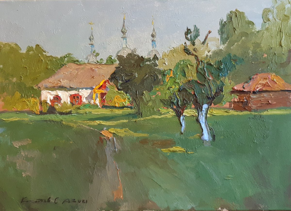 Expressive Landscape Oil Painting By Sergey Kostov, 28 X 20", Sunny Morning In A Village, Original Artwork