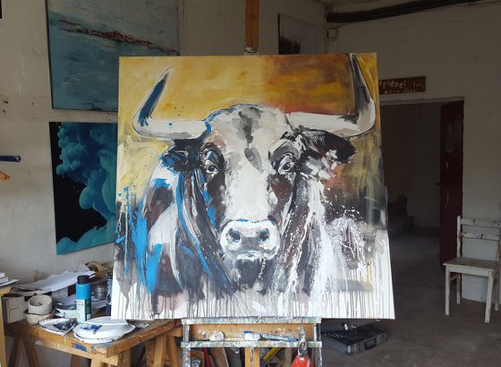 TAURUS #3 – Close up portrait of a bull **large Painting 100 x 100 cm