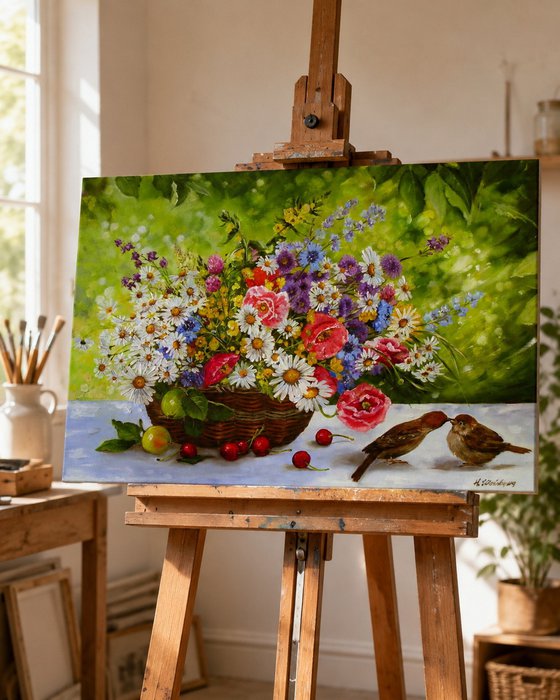Wildflower Basket with Birds