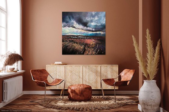 'Storm Across The East Marshes' Large Moody Landscape Oil Painting