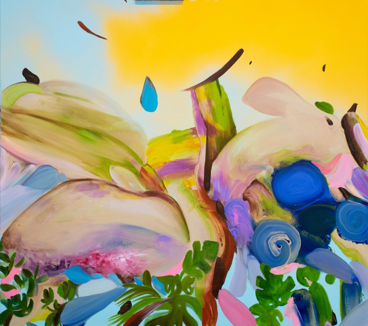 Abstract Painting By Dan Laurentiu Arcus, 39 X 35, Spring With Rabbits, Original Artwork