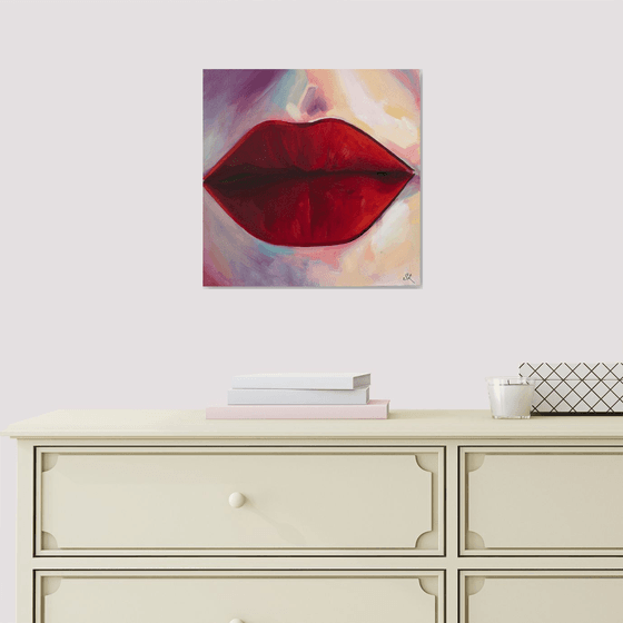 CHANEL LIPS - oil painting, original gift, girl, red, red trunks, ass, office decor, home interior