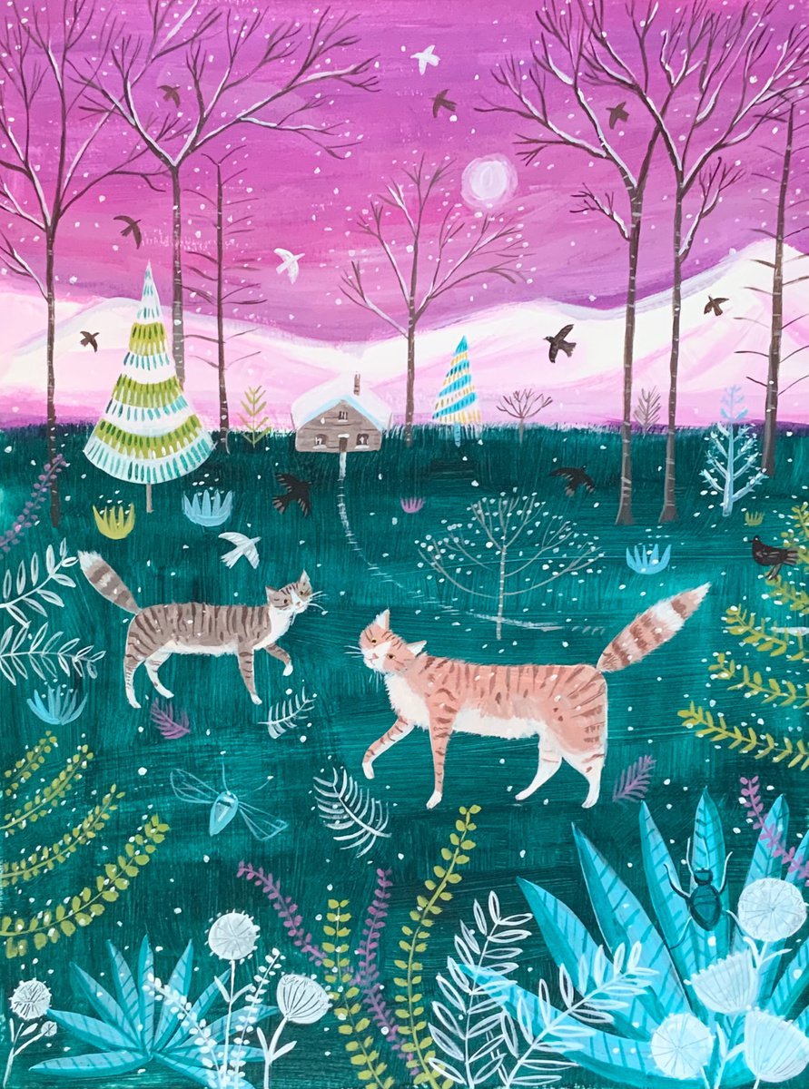 Naive Acrylic Painting , Cat Walk In Winter By Mary Stubberfield, 13 X 18, Artwork For Sale On Artfinder