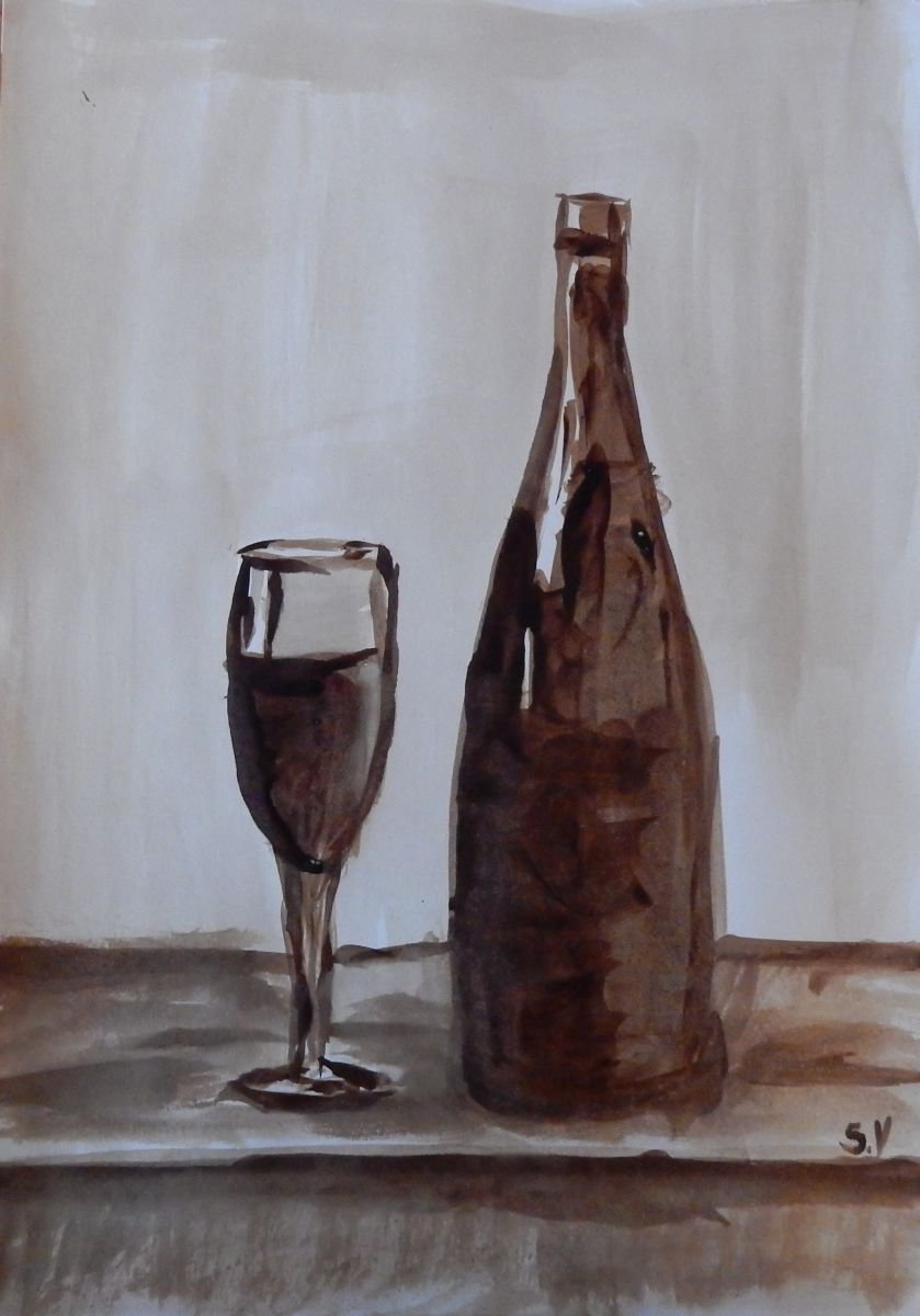 Coffee painting. Still life: wine and glass by Vita Schagen
