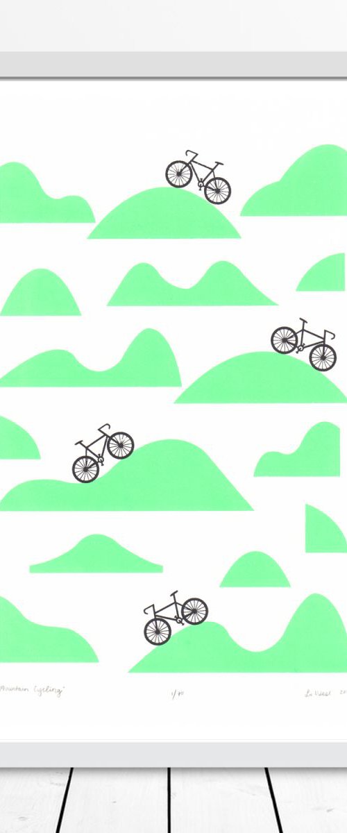 Mountain Cycling Print A3 Size in Retro Mint - Framed - FREE UK Delivery by Lu West