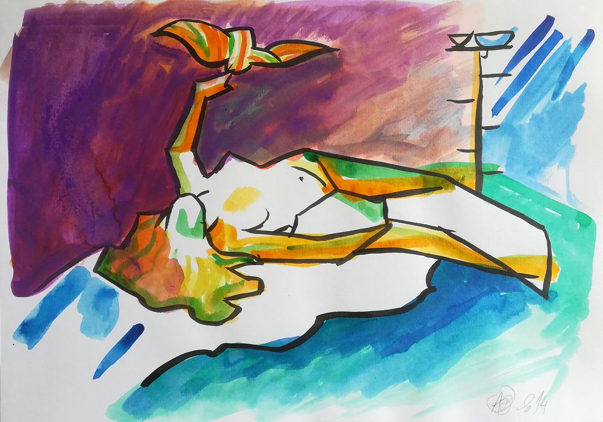 Expressive Portrait Ink Drawing By Aleksandar Basic, 12 X 8, Bird (Purple), Original Artwork