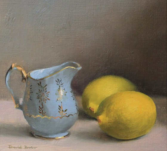 Blue Jug and Lemons - still life oil painting, small painting
