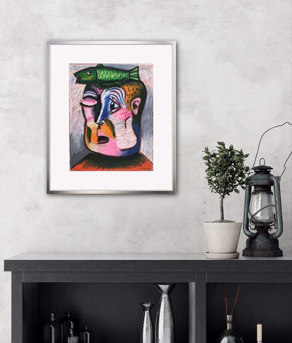 Geometric Portrait Pastel Drawing By Roberto Munguia Garcia, 12 X 15", Where Its My Fish, Original Artwork