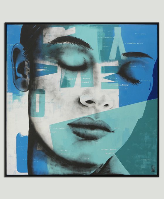 Pop Art Portrait - Close Your Eyes Blue XL Incl Frame - 125x125cm - Ronald Hunter - 27o