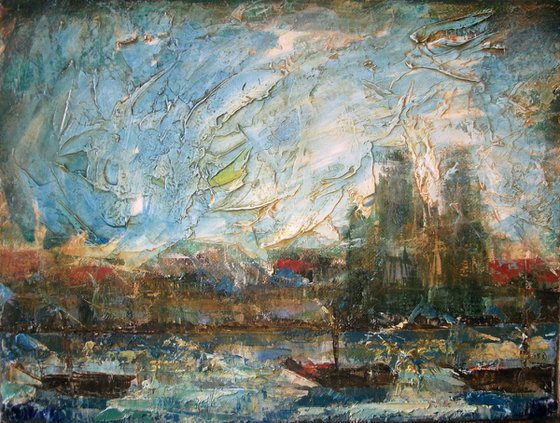 Abstract landscape with Boats. SOLD