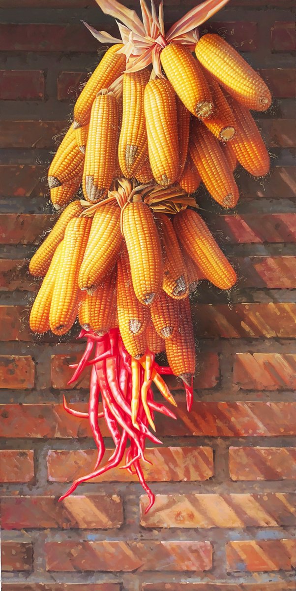 Impressionistic Botanical Oil Painting By Kunlong Wang, 31 X 63", Corns And Hot Peppers C239, Original Artwork