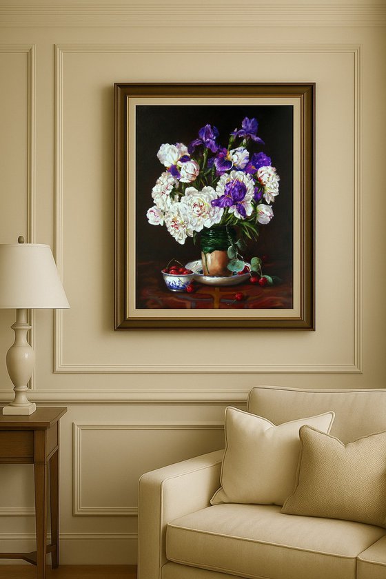 Peonies and Irises in Vase