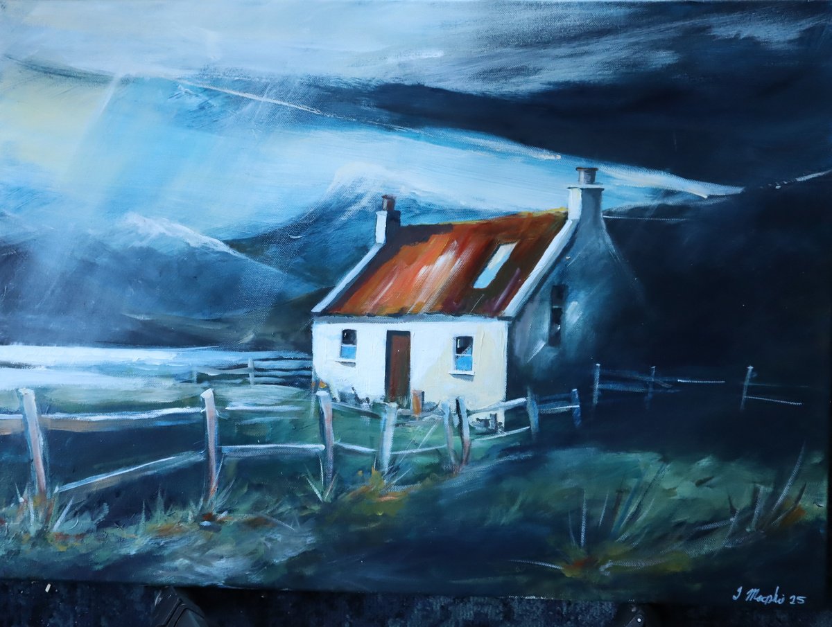 Illustrative Landscape Acrylic Painting By Ian Macphie, 28 X 20, The Shieling, Original Artwork