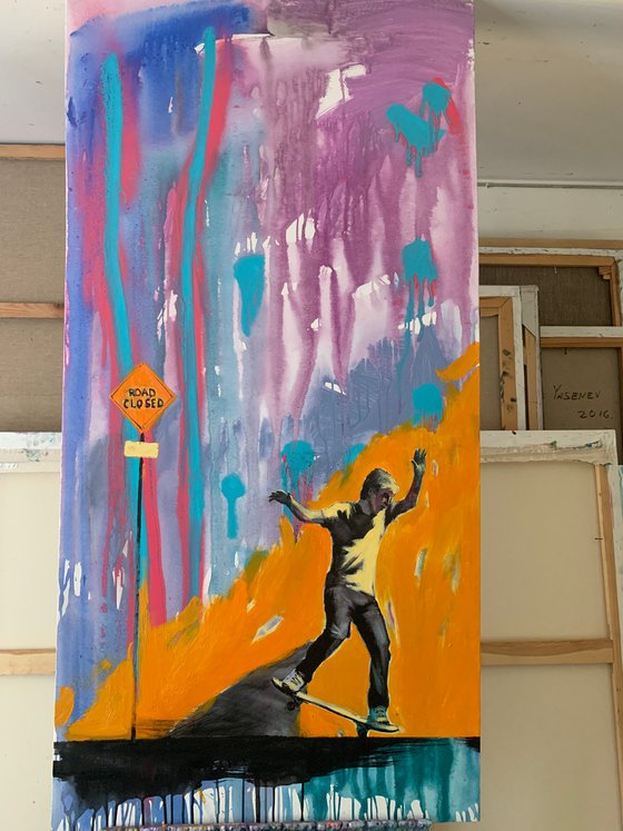 Big Bright painting - "Road closed" - Pop Art - Street - City - Sport - Skater