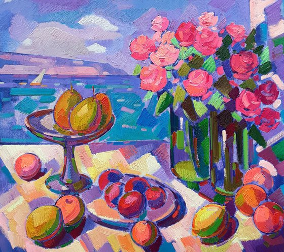 Roses and fruits on the shore