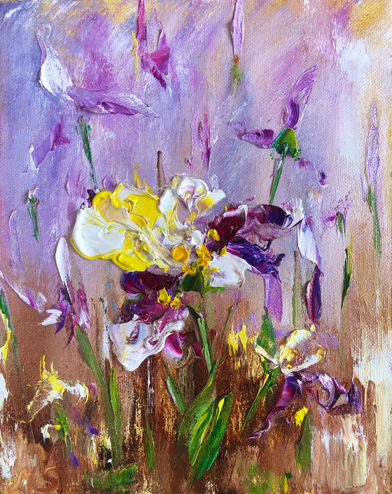 IRIS MOOD №2 - Iridodictyum. Irises. Flowers. Gift. Lilac color. Bouquet. Garden. Garden flowers. Field irises. Mini-art. Fast painting. The best solution. Gift painting. Postcard. Season. Holidays.