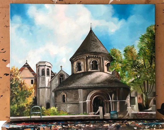 Original Acrylic painting on stretched Canvas. Scenery, Landscape, Round Church, Cambridge, British Art