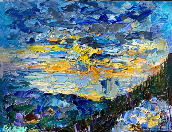 "Cloudy sunrise in Demerdzhi mountains", 18*24cm, impressionistic oil mountains landscape etude painting