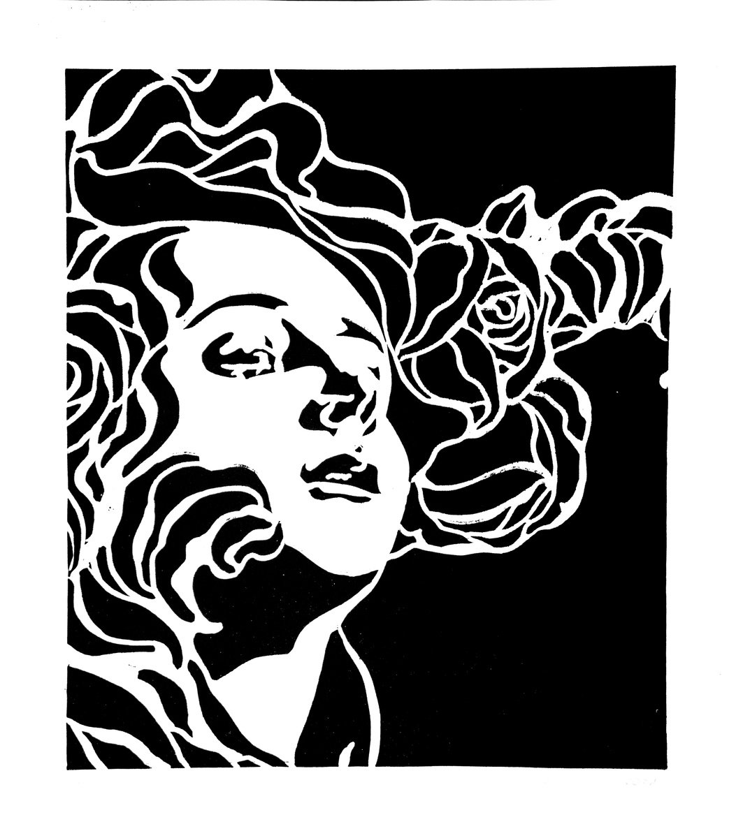 Portrait Linocut By Aneta Gajos, 14 X 16, Secession Lady, Original Artwork