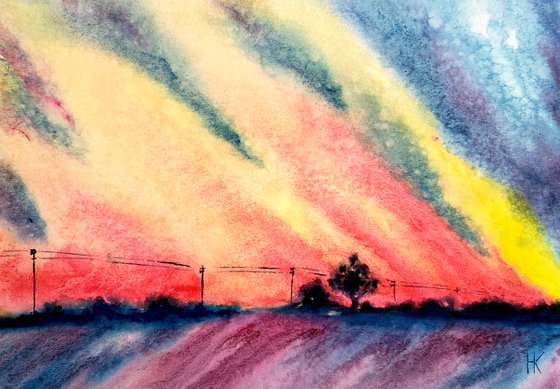 Abstract landscape Original Watercolor Painting Modern Skyscape Sunrise 17 by 12"