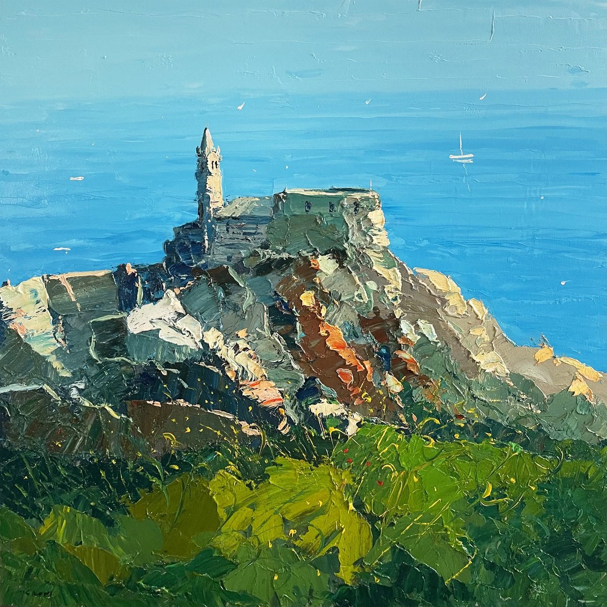 Impressionistic Landscape Oil Painting By Agostino Veroni, 36 X 36, Portovenere - Italian Seascape, Original Artwork