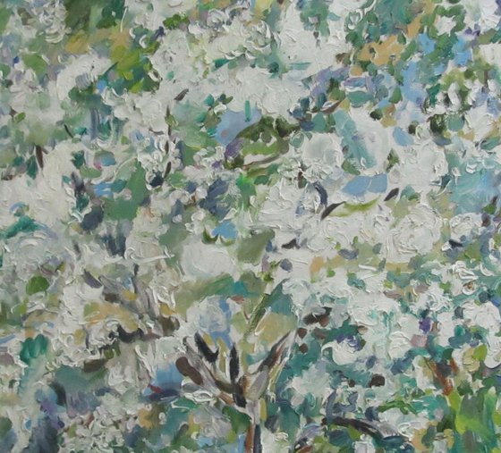 FLOWERING BUSH. APPLE TREE - floral art, landscape, blooming plant, original oil painting, Moscow