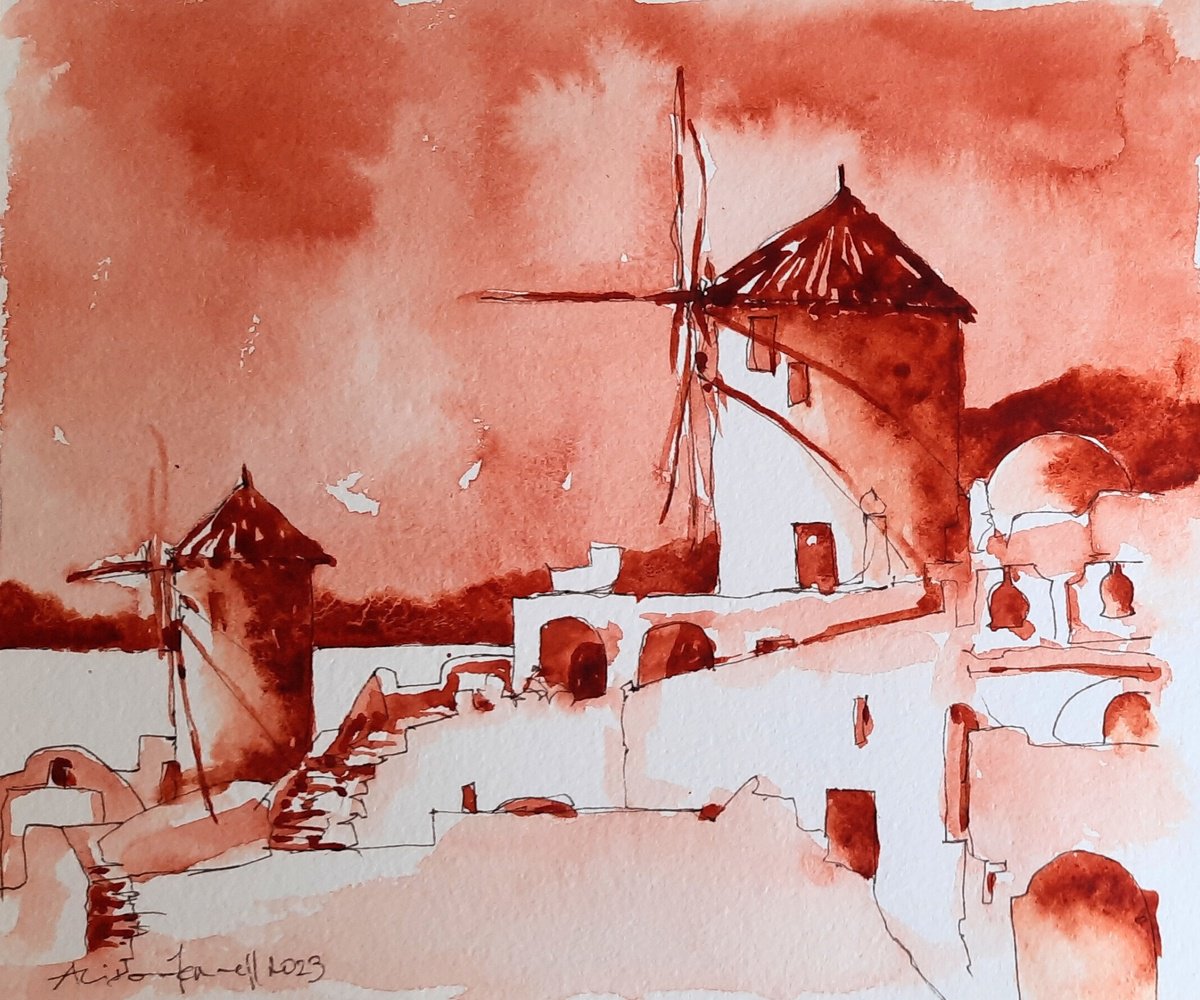 Simply Santorini - Original Ink and Watercolour Sketch - UK Artist by Alison Fennell