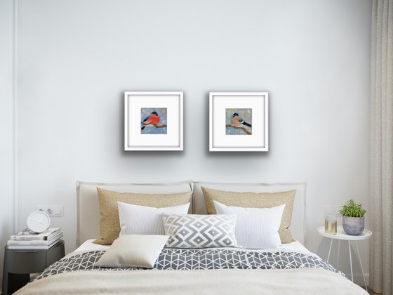 Diptych oil paintings - Bird small canvas - Bullfinches for bird lover - Christmas gift idea