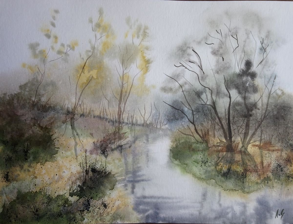 Impressionistic Landscape Watercolour By Aneta Gajos, 16 X 12, Meanders, Original Artwork