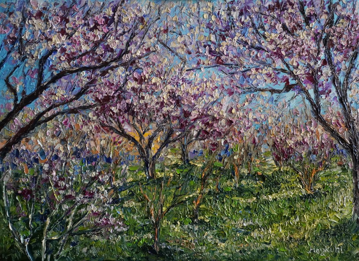 Impressionistic Landscape Oil Painting By Haykuhi Khachatryan, 28 X 20, Spring Garden, Original Artwork