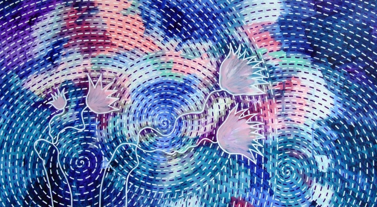 Abstract Botanical Acrylic Painting By Marina Krylova, 43 X 24", Water Lilies, Original Artwork