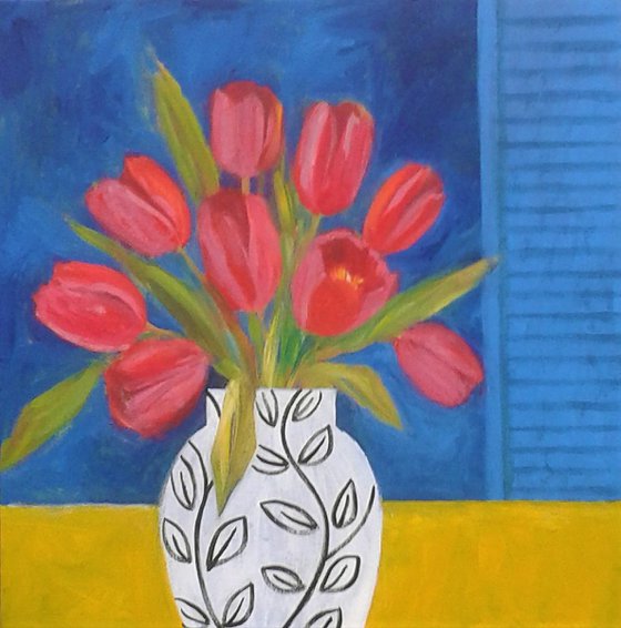 Red Tulips and Blue Shutters
