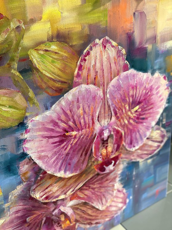 Pink orchid phalaenopsis interior tropical oil painting. “Pirate Picotee” butterfly. Green, pink, blue and yellow colors.