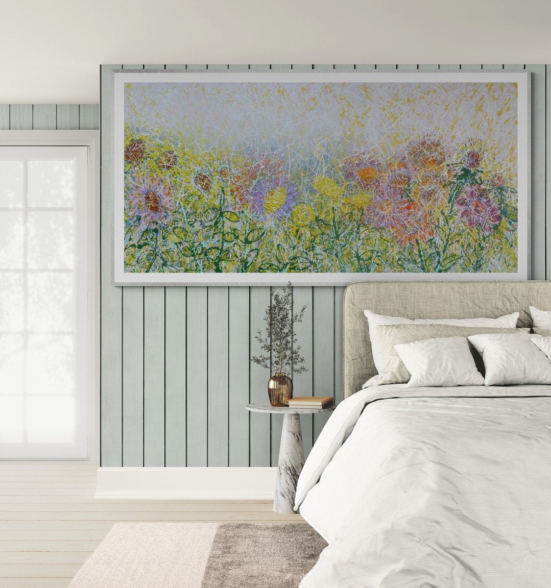 Impressionistic Landscape Acrylic Painting By Lesley Blackburn, 47 X 24", Autumn Sunflower Meadow, Original Artwork