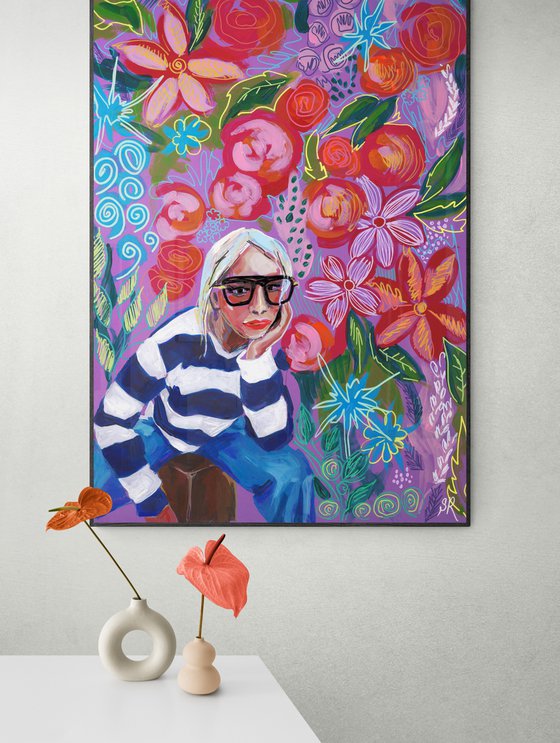 Very Peri Girl with Flowers Abstract Giclée print on Canvas - Limited Edition of 25 Print