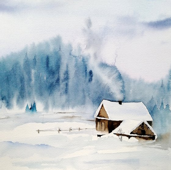 Winter farmhouse painting.