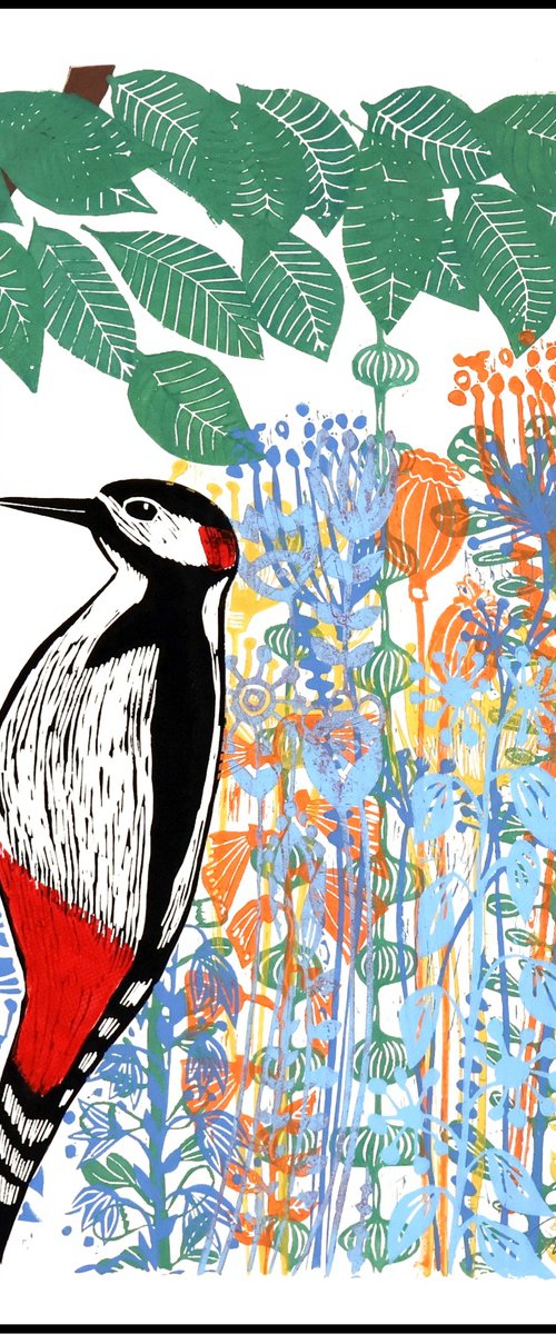 Woodpecker and Flowers by Mariann Johansen-Ellis