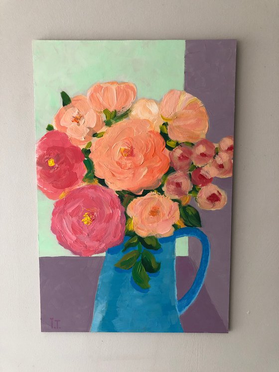 Garden Flowers Bouquet in Blue Vase