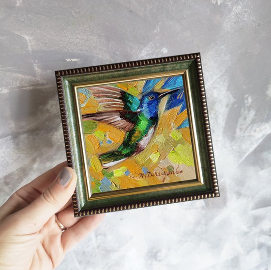 Small artwork Hummingbird oil painting original 4x4, Blue yellow art bird lover gift, Housewarming Host gift thank you