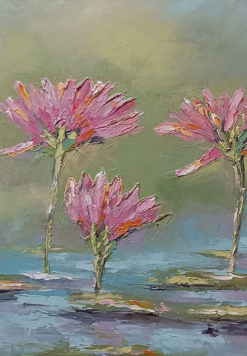 Red Lilies water. Flowers in water. Oil on canvas by Marinko Šaric