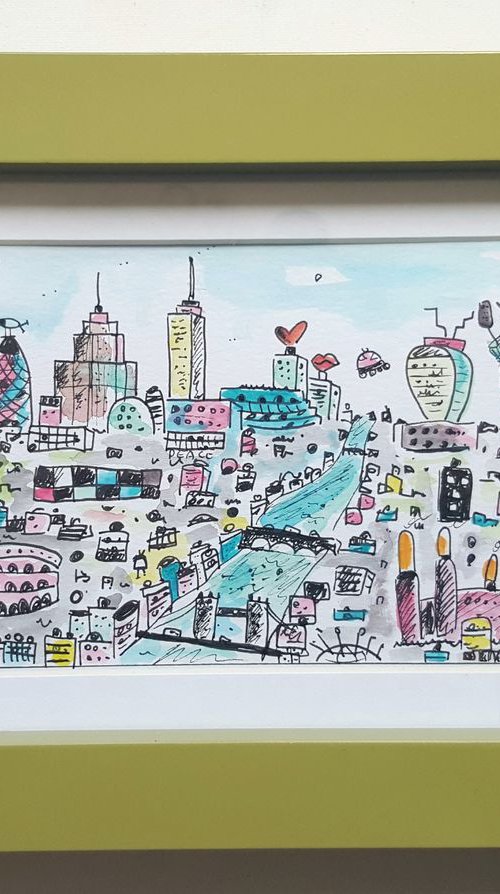 Futuristic Fun City Ink Drawing by Maria Luisa  Azzini