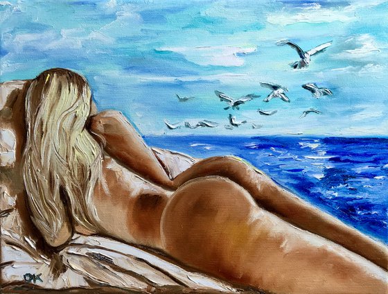 The Hottest Day in Summer. Nude at the seaside. Erotic painting.